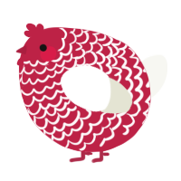 A crimson and white chicken with a lace pattern