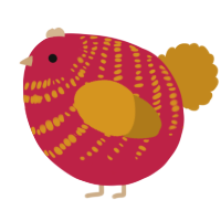 A crimson and ochre chicken with a bar pattern
