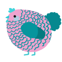 A pink and teal chicken with a lace pattern