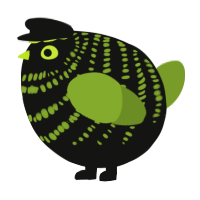 A black and chartreuse chicken with a bar pattern