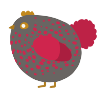 A grey and crimson chicken with a speckle pattern