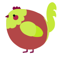 A red and lime chicken with a head pattern