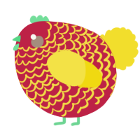 A crimson and yellow chicken with a lace pattern