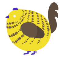 A yellow and bark chicken with a bar pattern
