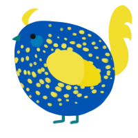 A ultramarine and yellow chicken with a speckle pattern