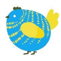 A sky and yellow chicken with a bar pattern