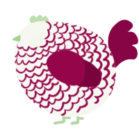 A white and maroon chicken with a lace pattern