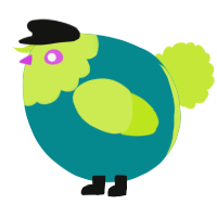 A teal and lime chicken with a head pattern