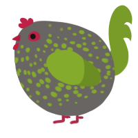 A grey and chartreuse chicken with a speckle pattern