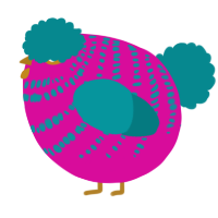 A fuchsia and teal chicken with a bar pattern