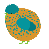 A orange and teal chicken with a speckle pattern