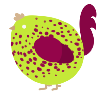 A lime and maroon chicken with a speckle pattern
