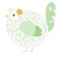 A white and gluppy chicken with a speckle pattern
