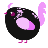 A black and lavender chicken with a neck-speckle pattern