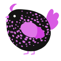 A black and orchid chicken with a speckle pattern