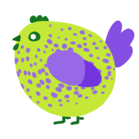 A lime and blurple chicken with a speckle pattern