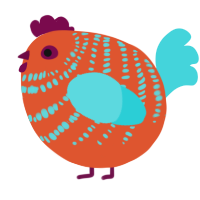 A vermilion and aqua chicken with a bar pattern