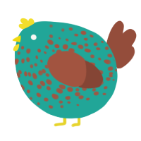 A turquoise and russet chicken with a speckle pattern