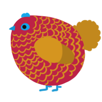 A crimson and ochre chicken with a lace pattern