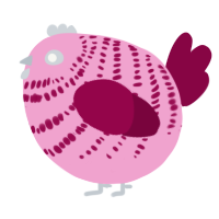 A pink and maroon chicken with a bar pattern