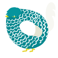 A teal and white chicken with a lace pattern