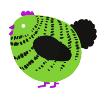 A grass and black chicken with a bar pattern