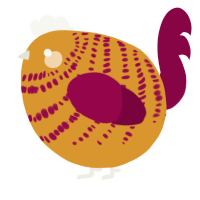A orange and maroon chicken with a bar pattern