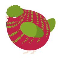 A crimson and chartreuse chicken with a bar pattern