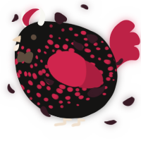 A black and crimson chicken with a speckle pattern