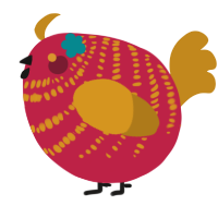 A crimson and ochre chicken with a bar pattern