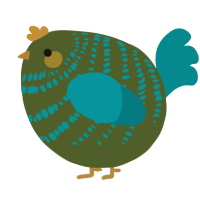 A olive and teal chicken with a bar pattern