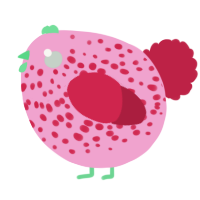 A pink and crimson chicken with a speckle pattern