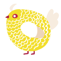 A yellow and cream chicken with a lace pattern