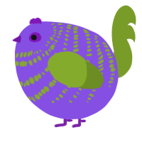 A blurple and chartreuse chicken with a bar pattern