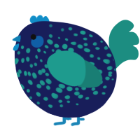 A navy and turquoise chicken with a speckle pattern