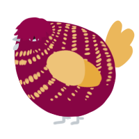 A maroon and honey chicken with a bar pattern