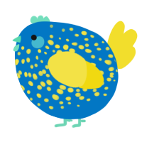 A sapphire and yellow chicken with a speckle pattern