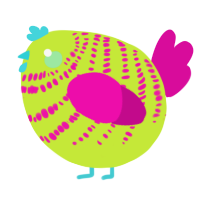 A lime and fuchsia chicken with a bar pattern