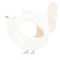 A white and cream chicken with a lace pattern