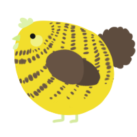 A yellow and bark chicken with a bar pattern