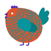 A vermilion and teal chicken with a lace pattern