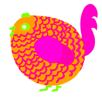 A ochre and fuchsia chicken with a lace pattern