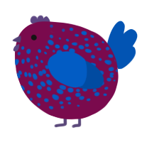 A wine and ultramarine chicken with a speckle pattern