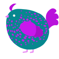 A teal and amethyst chicken with a speckle pattern