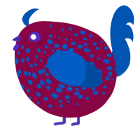 A maroon and ultramarine chicken with a speckle pattern