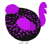 A black and amethyst chicken with a speckle pattern