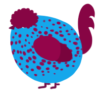 A sky and maroon chicken with a speckle pattern
