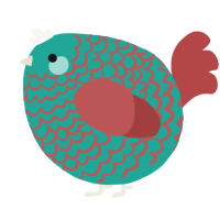 A turquoise and red chicken with a lace pattern