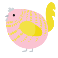 A rose and yellow chicken with a bar pattern