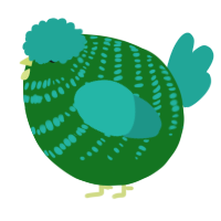 A leaf and turquoise chicken with a bar pattern